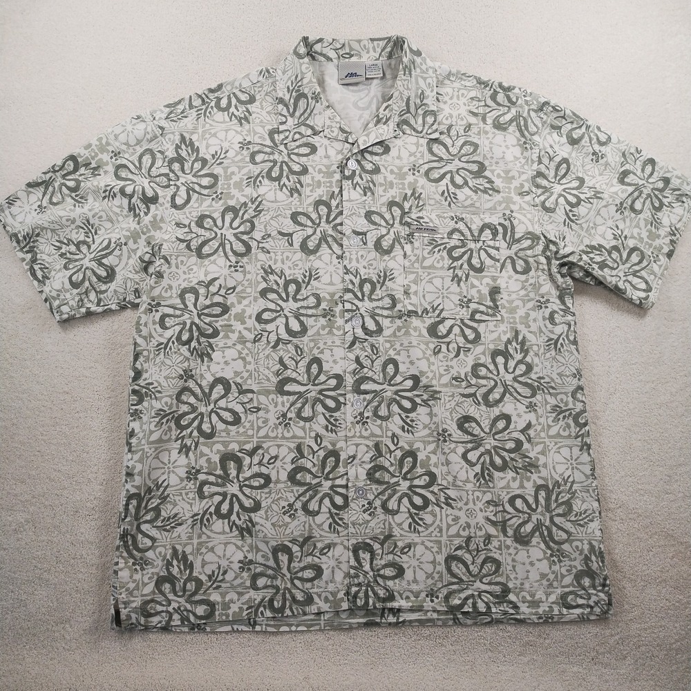 Vtg NO FEAR Shirt Mens Large Green Floral Hibiscus Camp Button Up Beach Hawaiian